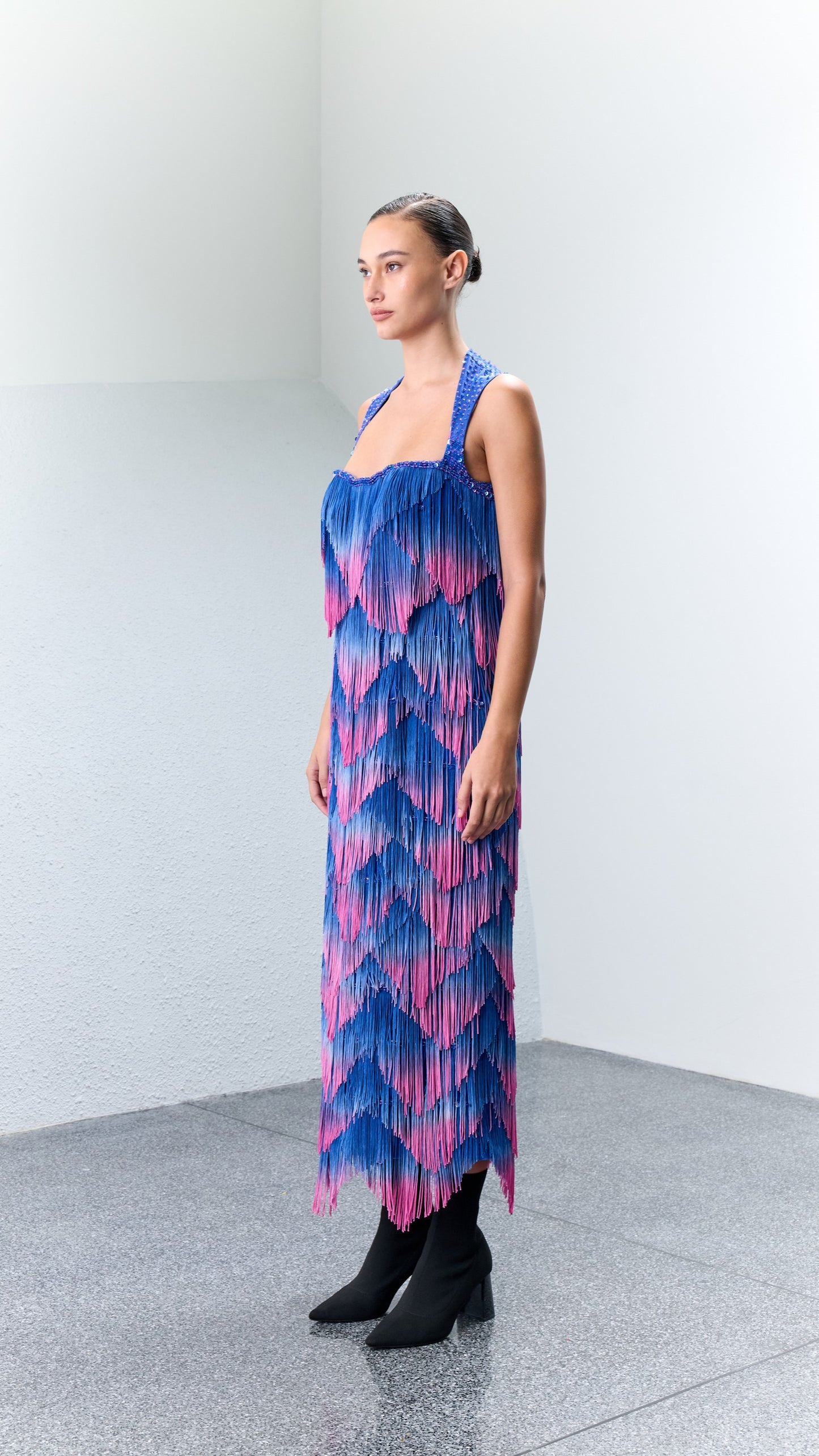 3.4 ALP Gradient Dyed Tasseled Cocktail Dress
