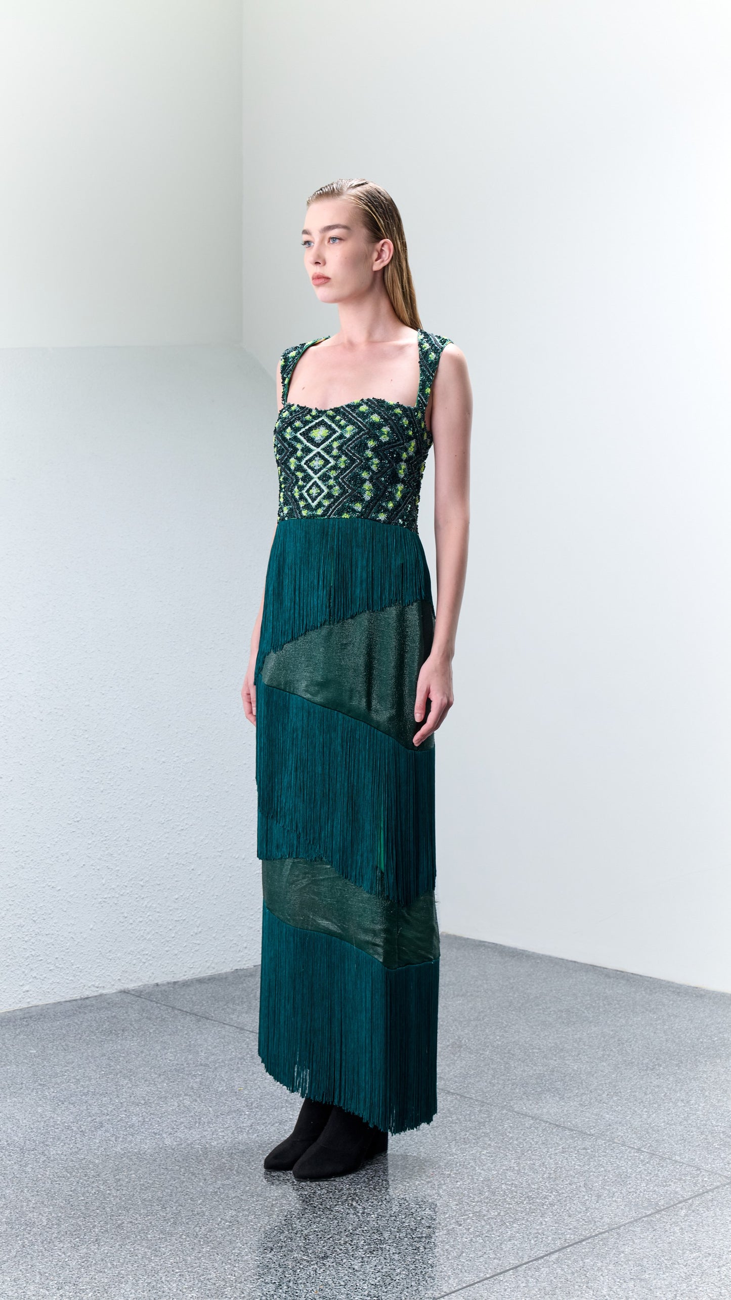 3.8 AST Beaded Bustier Tasseled Gown