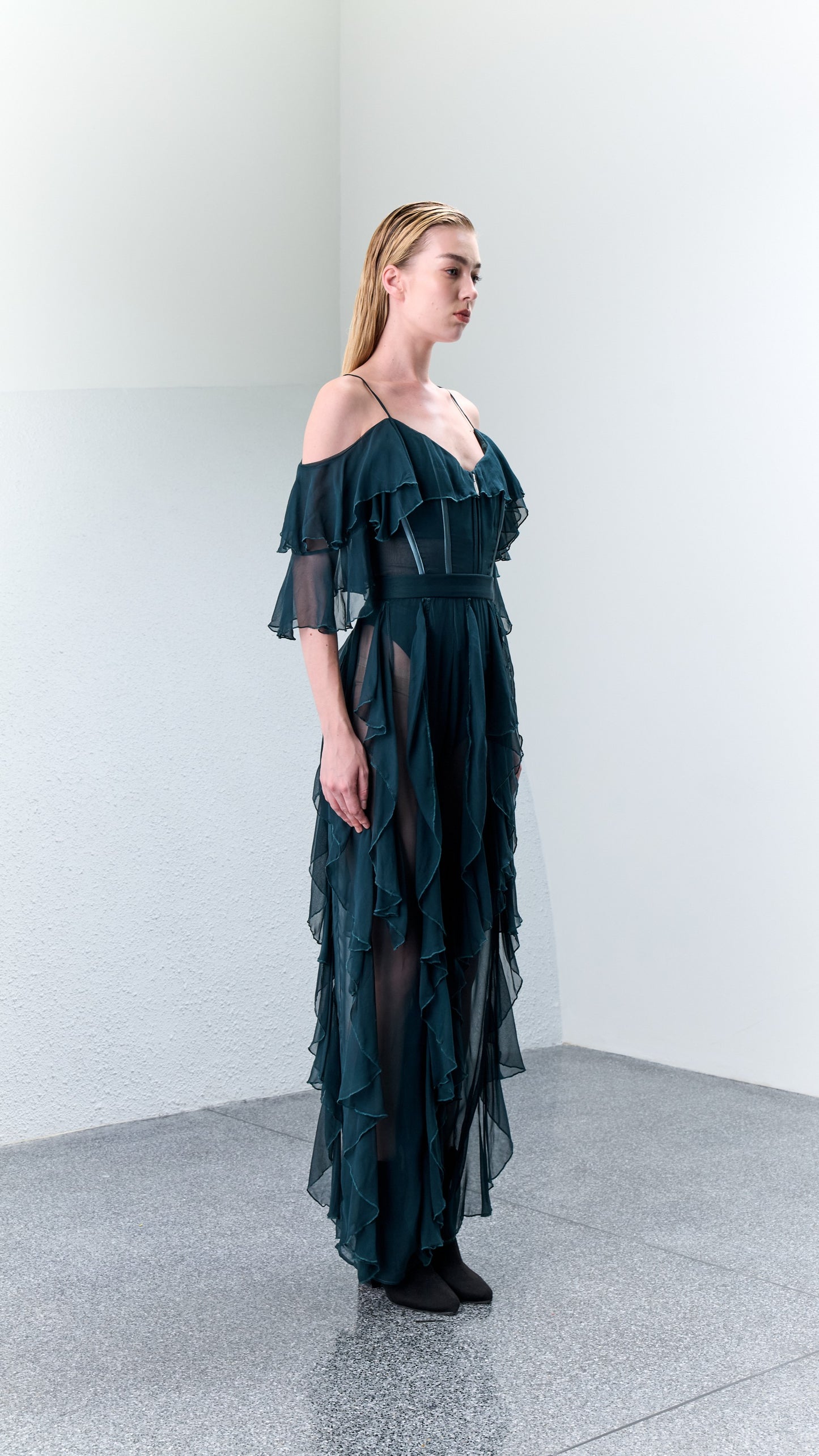 3.9 TAU Teal Silk Chiffon Suit