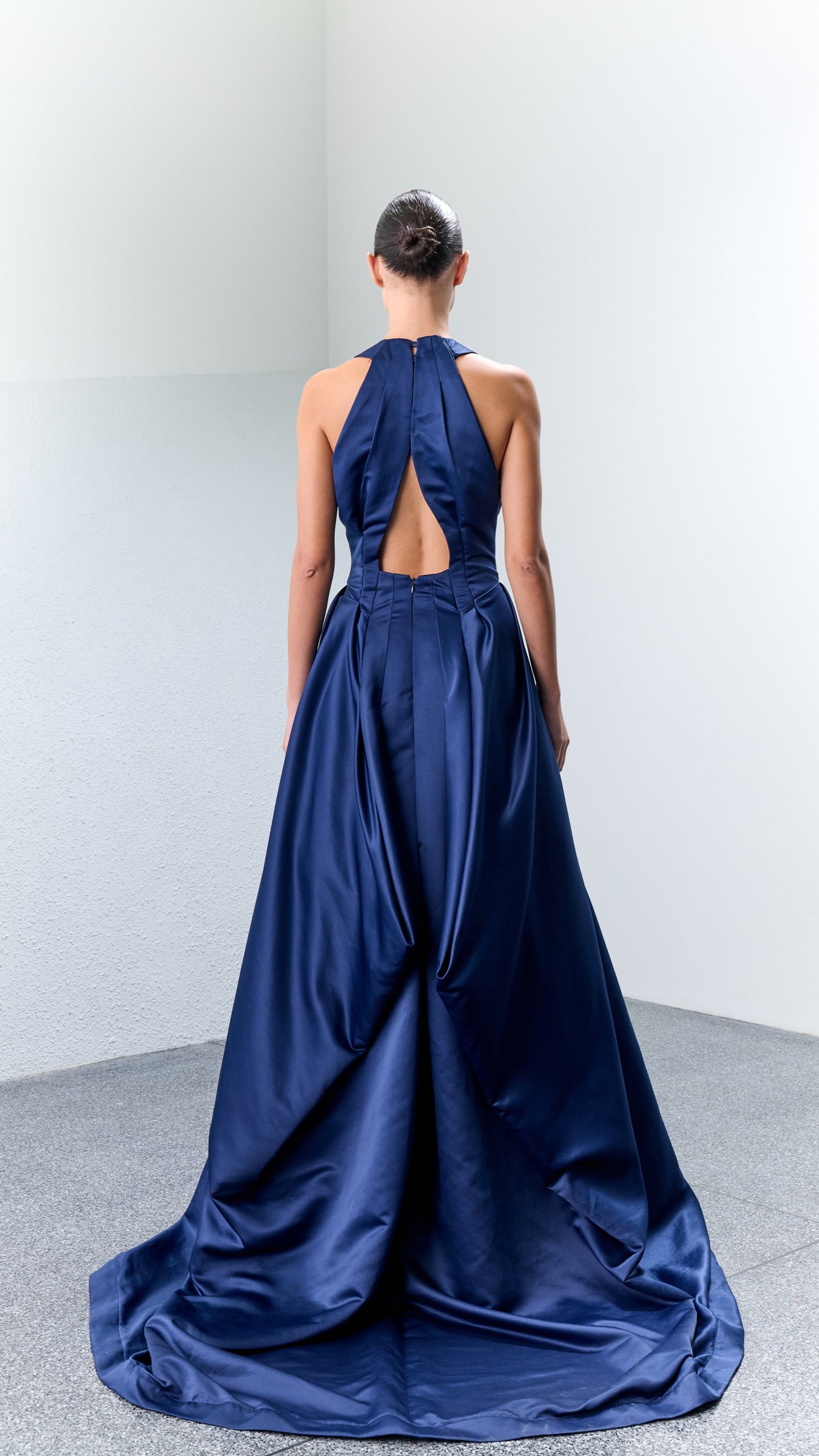 Red Navy Mikado Halter Ballgown