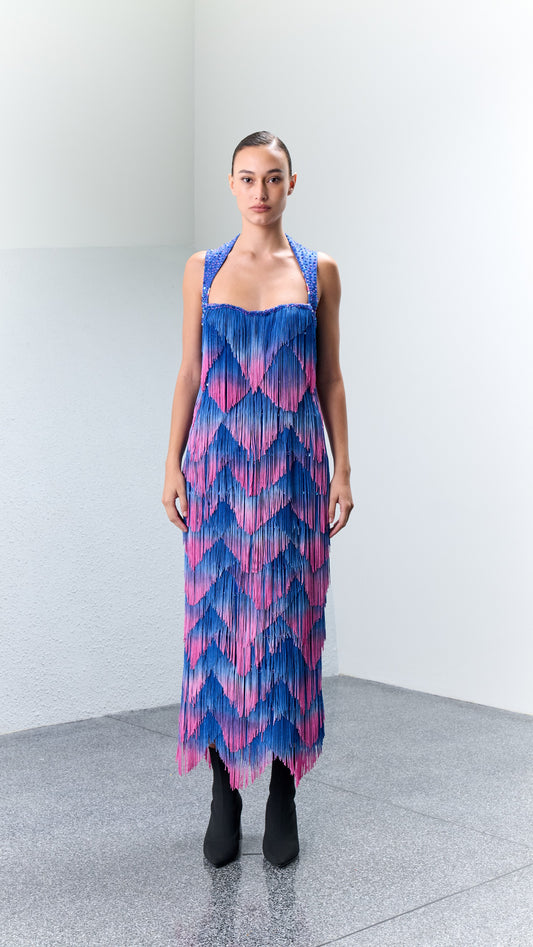 3.4 ALP Gradient Dyed Tasseled Cocktail Dress