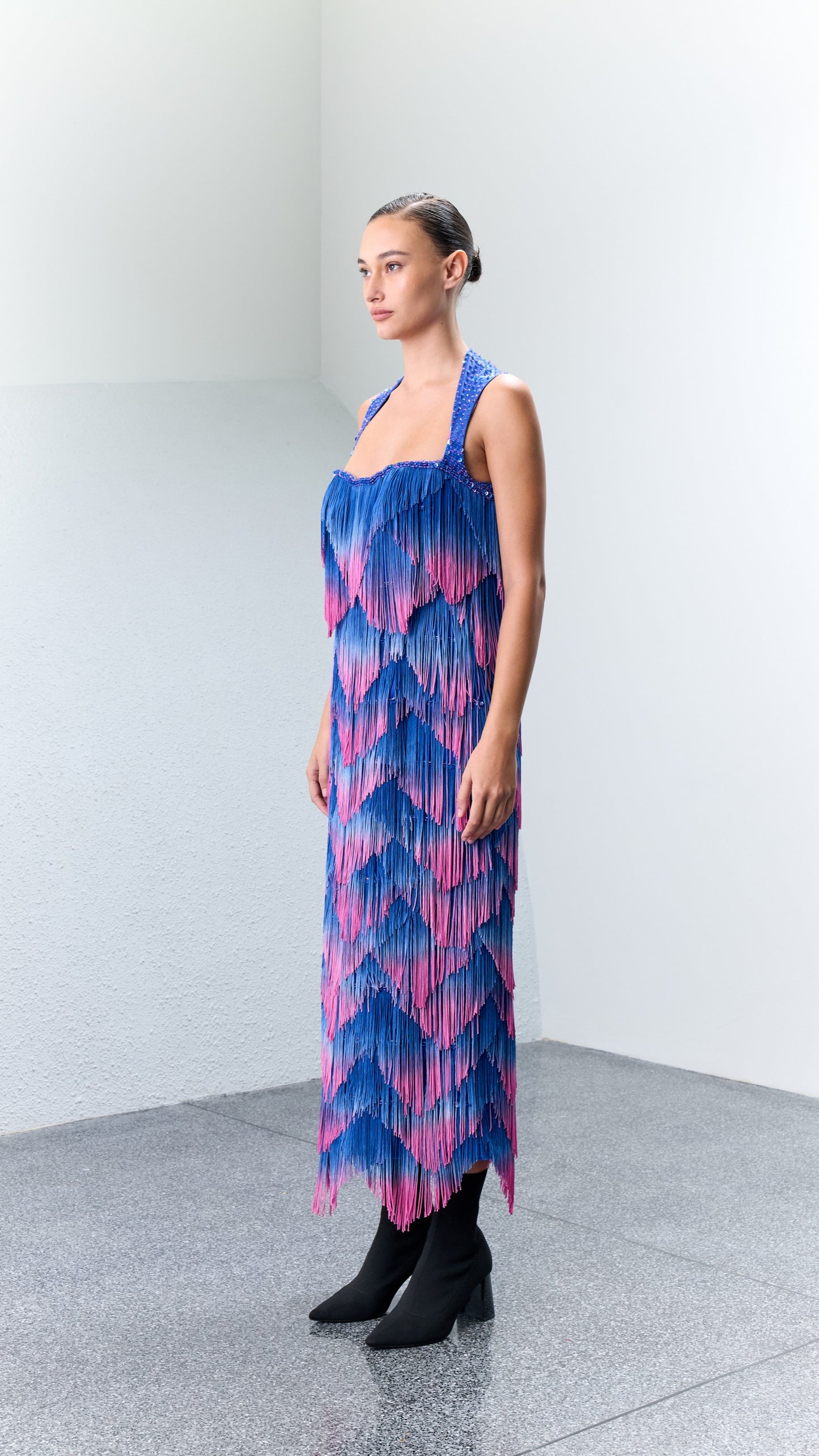 Alp Gradient Dyed Tasseled Cocktail Dress