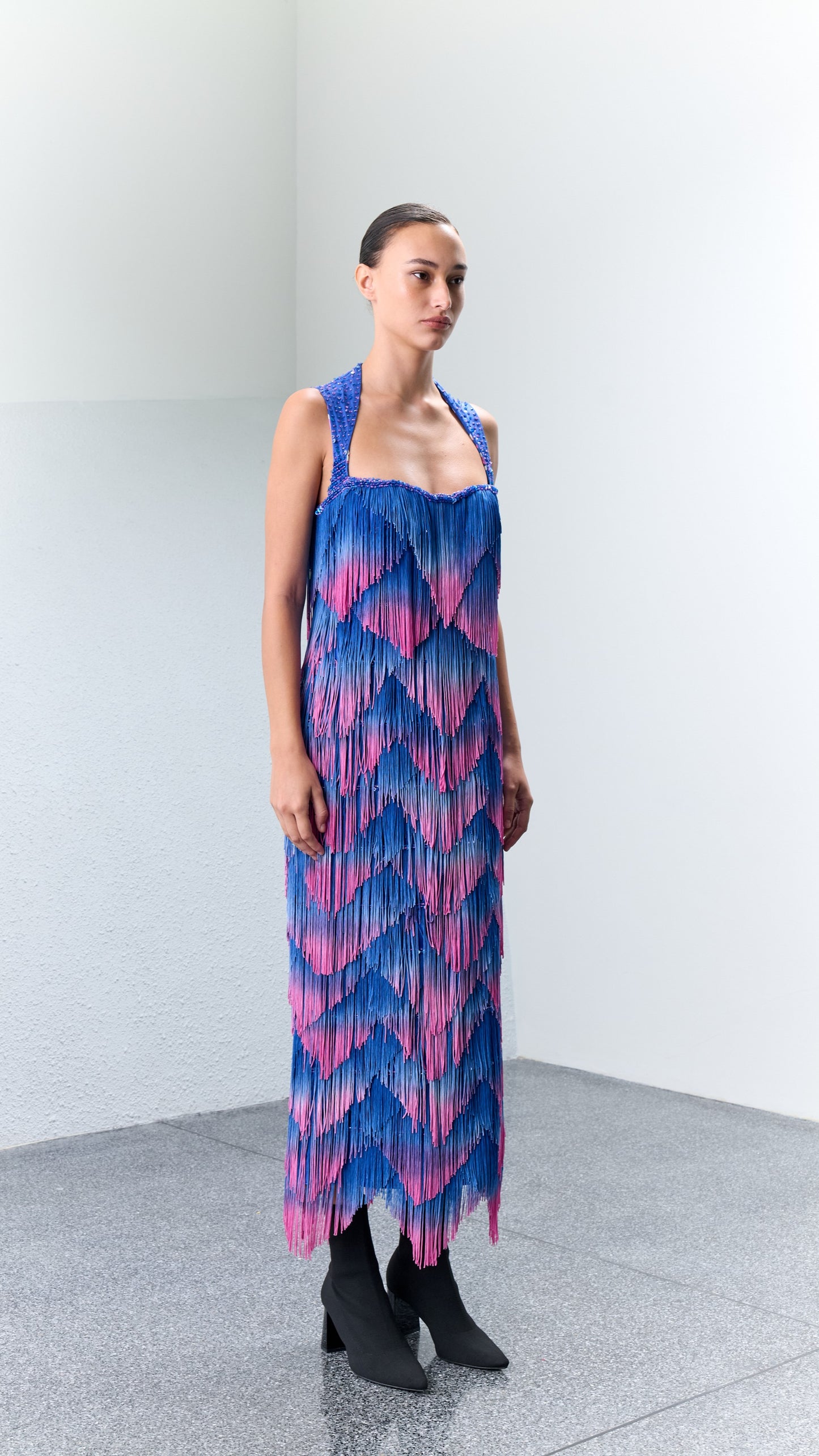 Alp Gradient Dyed Tasseled Cocktail Dress