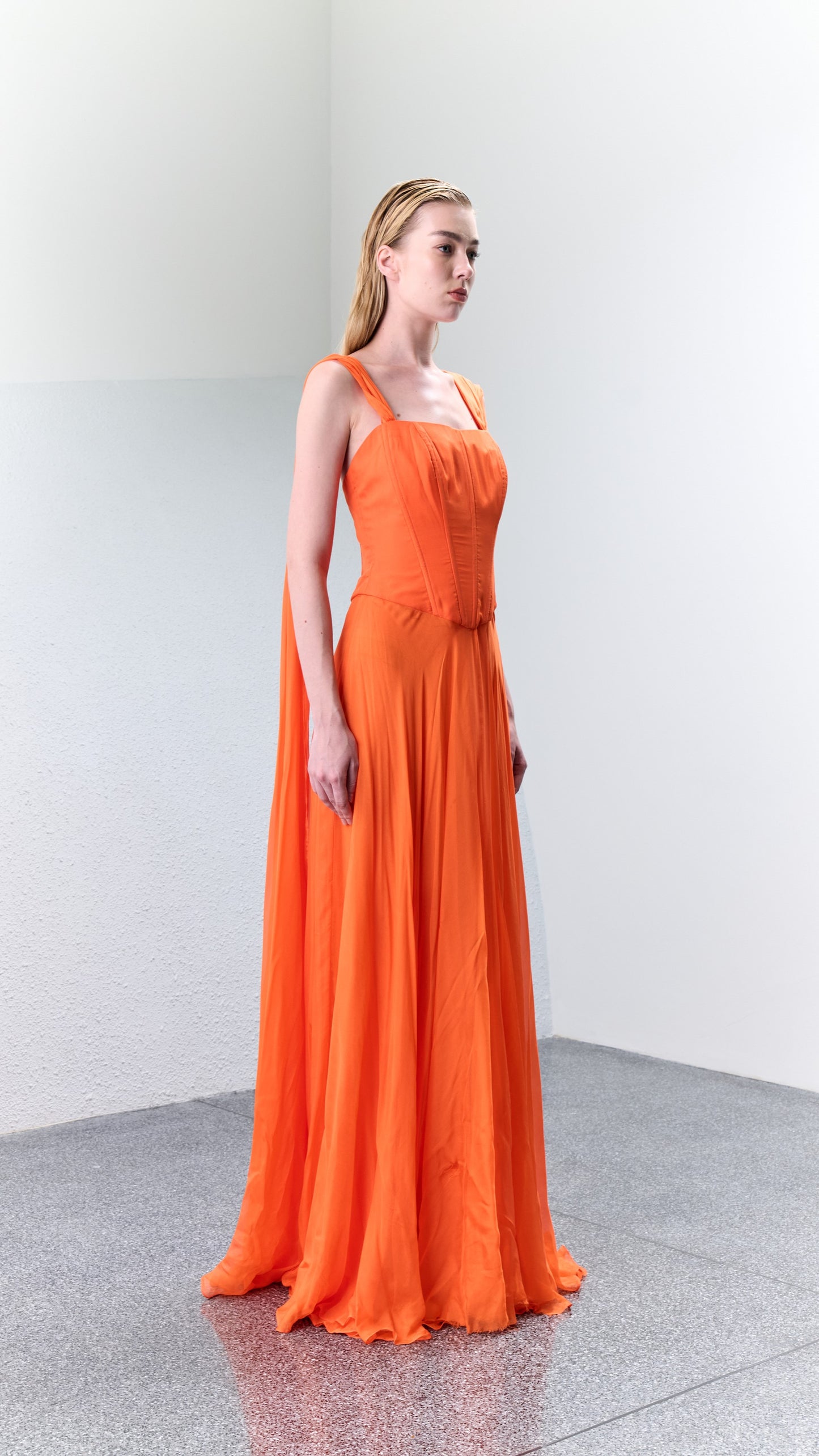 McL Silk Chiffon Bustier Gown with Cape Sleeves