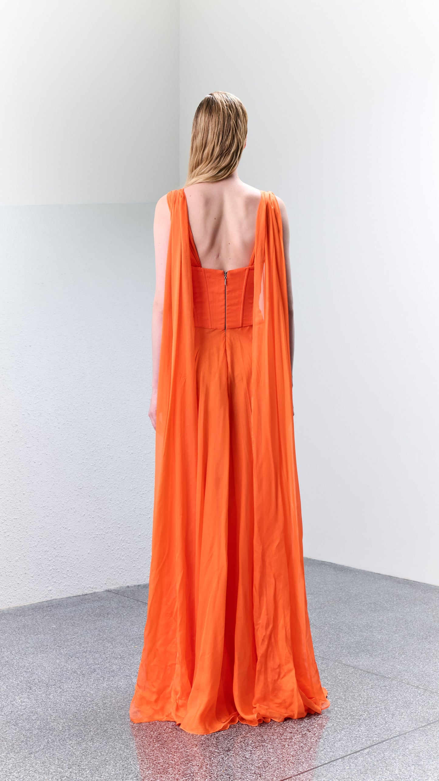 McL Silk Chiffon Bustier Gown with Cape Sleeves